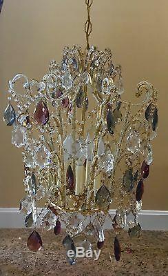 Vintage Oriental Crystal Beaded Pagoda Chandelier Chinoiserie Bronze Lantern