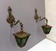 Vintage Ornate Brass Wall Sconce Lantern Lights Pair Green Textured Glass Gothic