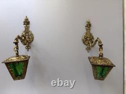 Vintage Ornate Brass Wall Sconce Lantern Lights Pair Green Textured Glass Gothic