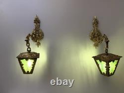 Vintage Ornate Brass Wall Sconce Lantern Lights Pair Green Textured Glass Gothic