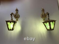 Vintage Ornate Brass Wall Sconce Lantern Lights Pair Green Textured Glass Gothic