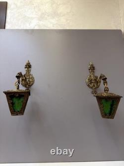 Vintage Ornate Brass Wall Sconce Lantern Lights Pair Green Textured Glass Gothic