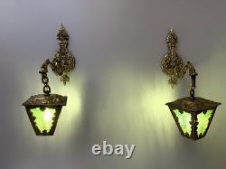 Vintage Ornate Brass Wall Sconce Lantern Lights Pair Green Textured Glass Gothic
