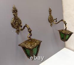 Vintage Ornate Brass Wall Sconce Lantern Lights Pair Green Textured Glass Gothic