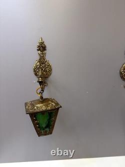 Vintage Ornate Brass Wall Sconce Lantern Lights Pair Green Textured Glass Gothic