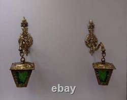 Vintage Ornate Brass Wall Sconce Lantern Lights Pair Green Textured Glass Gothic