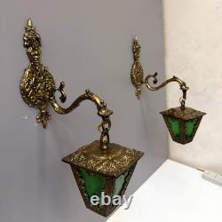 Vintage Ornate Brass Wall Sconce Lantern Lights Pair Green Textured Glass Gothic