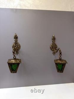 Vintage Ornate Brass Wall Sconce Lantern Lights Pair Green Textured Glass Gothic