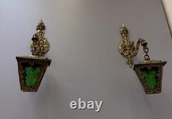 Vintage Ornate Brass Wall Sconce Lantern Lights Pair Green Textured Glass Gothic