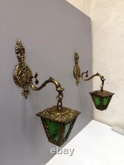Vintage Ornate Brass Wall Sconce Lantern Lights Pair Green Textured Glass Gothic