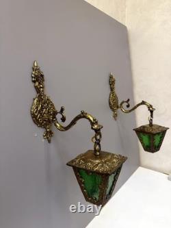 Vintage Ornate Brass Wall Sconce Lantern Lights Pair Green Textured Glass Gothic