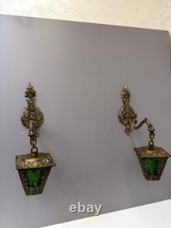 Vintage Ornate Brass Wall Sconce Lantern Lights Pair Green Textured Glass Gothic
