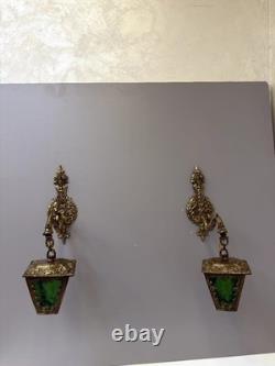 Vintage Ornate Brass Wall Sconce Lantern Lights Pair Green Textured Glass Gothic