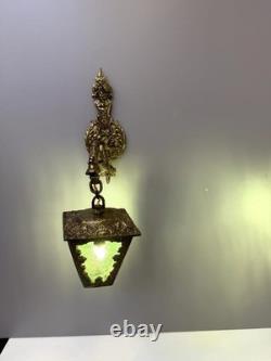 Vintage Ornate Brass Wall Sconce Lantern Lights Pair Green Textured Glass Gothic