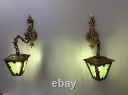 Vintage Ornate Brass Wall Sconce Lantern Lights Pair Green Textured Glass Gothic