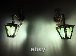 Vintage Ornate Brass Wall Sconce Lantern Lights Pair Green Textured Glass Gothic