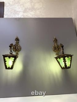 Vintage Ornate Brass Wall Sconce Lantern Lights Pair Green Textured Glass Gothic