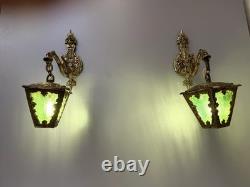 Vintage Ornate Brass Wall Sconce Lantern Lights Pair Green Textured Glass Gothic