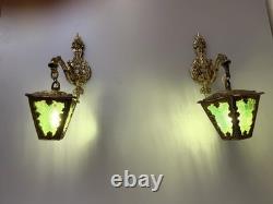 Vintage Ornate Brass Wall Sconce Lantern Lights Pair Green Textured Glass Gothic