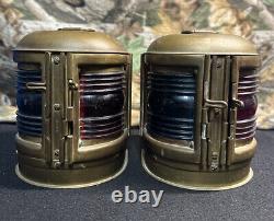 Vintage Pair Of Perko Lanterns Marine Blue And Red Brass