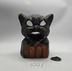Vintage Paper Mache Black Cat On Fence Halloween Lantern Bucket Antique