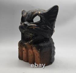 Vintage Paper Mache Black Cat On Fence Halloween Lantern Bucket Antique