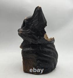 Vintage Paper Mache Black Cat On Fence Halloween Lantern Bucket Antique