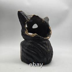 Vintage Paper Mache Black Cat On Fence Halloween Lantern Bucket Antique