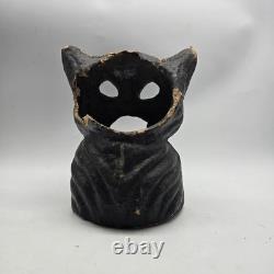 Vintage Paper Mache Black Cat On Fence Halloween Lantern Bucket Antique