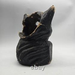 Vintage Paper Mache Black Cat On Fence Halloween Lantern Bucket Antique