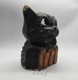 Vintage Paper Mache Black Cat On Fence Halloween Lantern Bucket Antique