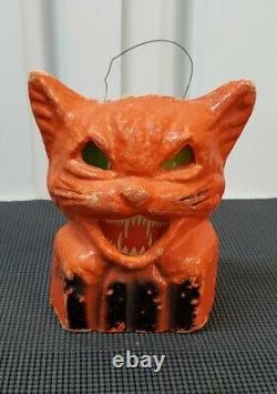 Vintage Paper Mache Cat On Fence Pumpkin Jack O Lantern Original Paint Wire Bail
