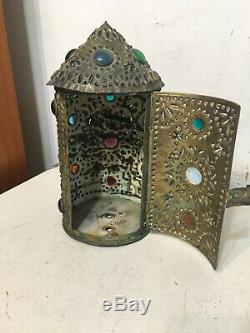 Vintage Pierced Brass & Jeweled Lantern Candle Lamp Light