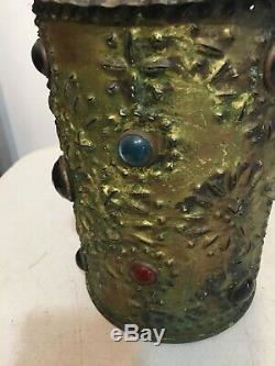 Vintage Pierced Brass & Jeweled Lantern Candle Lamp Light