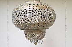 Vintage Pierced Brass Moroccan Hanging Lamp Lantern Candle Holder Antique