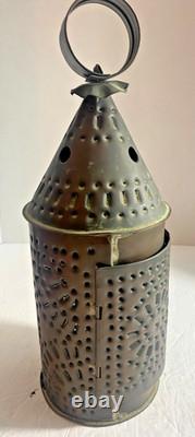 Vintage Pierced Punched Tin Candle Lantern Paul Revere Style Colonial Primitive