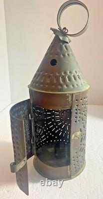 Vintage Pierced Punched Tin Candle Lantern Paul Revere Style Colonial Primitive