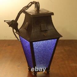 Vintage Porch Lantern / Hall Light, blue patinated glass, ready to fit