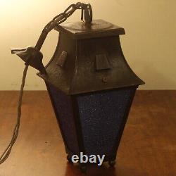 Vintage Porch Lantern / Hall Light, blue patinated glass, ready to fit