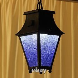 Vintage Porch Lantern / Hall Light, blue patinated glass, ready to fit