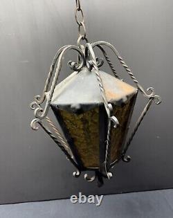 Vintage Porch Lantern Wrought Iron Amber Glass Hanging Light Gothic Arts Crafts
