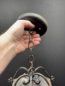 Vintage Porch Lantern Wrought Iron Amber Glass Hanging Light Gothic Arts Crafts