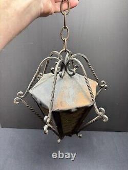 Vintage Porch Lantern Wrought Iron Amber Glass Hanging Light Gothic Arts Crafts