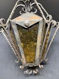 Vintage Porch Lantern Wrought Iron Amber Glass Hanging Light Gothic Arts Crafts