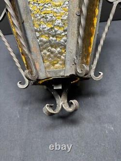 Vintage Porch Lantern Wrought Iron Amber Glass Hanging Light Gothic Arts Crafts