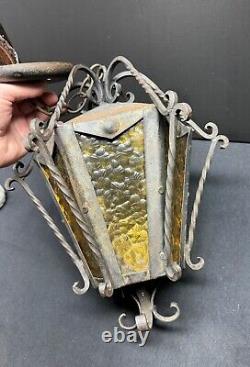 Vintage Porch Lantern Wrought Iron Amber Glass Hanging Light Gothic Arts Crafts