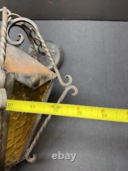 Vintage Porch Lantern Wrought Iron Amber Glass Hanging Light Gothic Arts Crafts