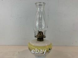 Vintage Possibly Antique Glass Oil Lamp with Yellow Floral Decorations