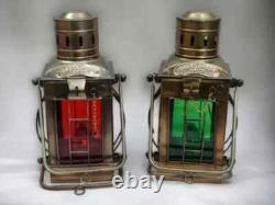 Vintage Red/Green Glass Ship Oil Lamp Marine Lantern Antique Nautical Beach Deco