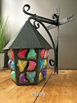 Vintage Retro Iron Wall Lantern Multicoloured Glass Light Lamp Peter Marsh Style